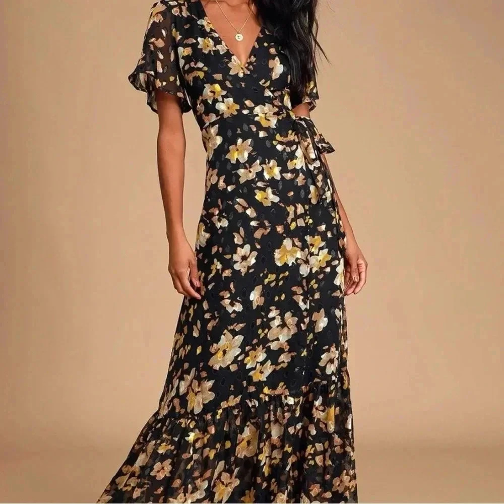 Lulu's Lean On Me Black Mutli Print Wrap Maxi Dress